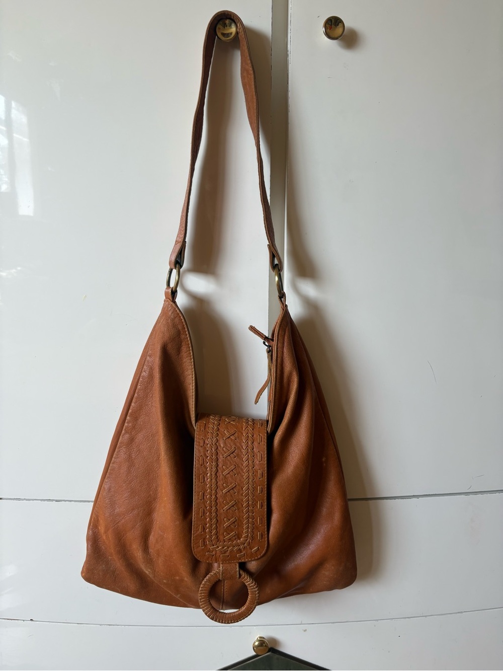 Classic Brown Leather Shoulder Bag with Woven Flap